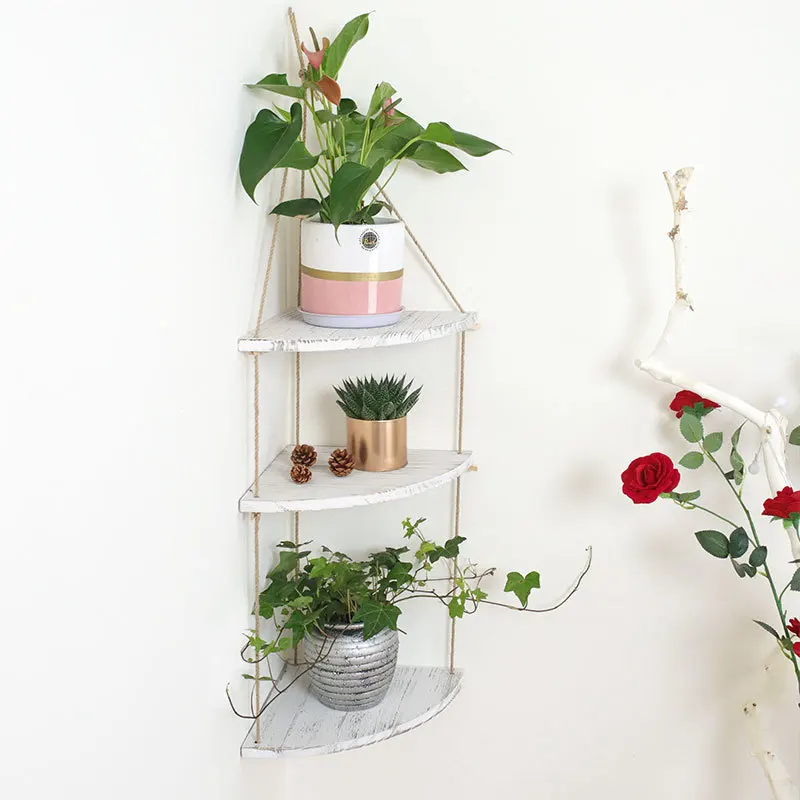 Настенная угловая полка с веревкой из джута