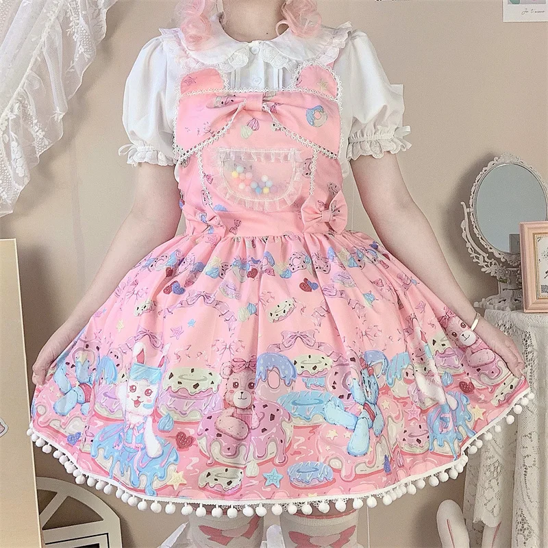 

Sweet Lolita Style Japanese Soft Girly Strap Dress Vintage Square Collar Cartoon Bear Printing Bow Sleeveless Ruffles JSK Dress