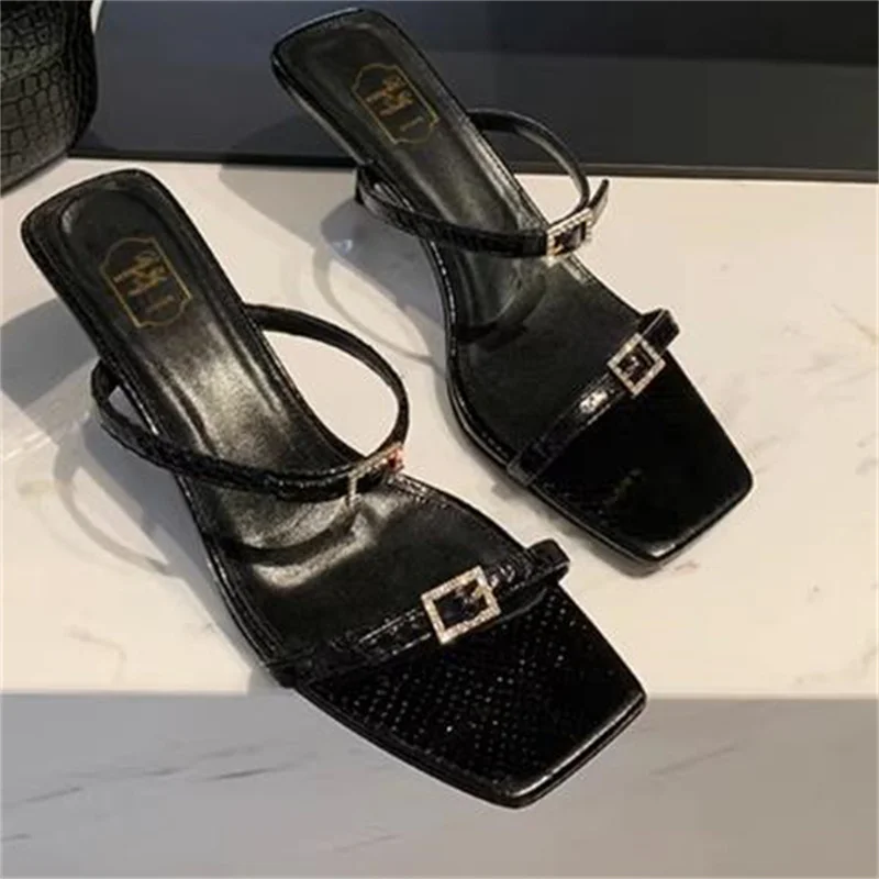 

Square Buckle Shoes for Ladies Crystal High Heels Square Toes Sandals Rhinestones Female Tacones Front Strap Femme Sandalias