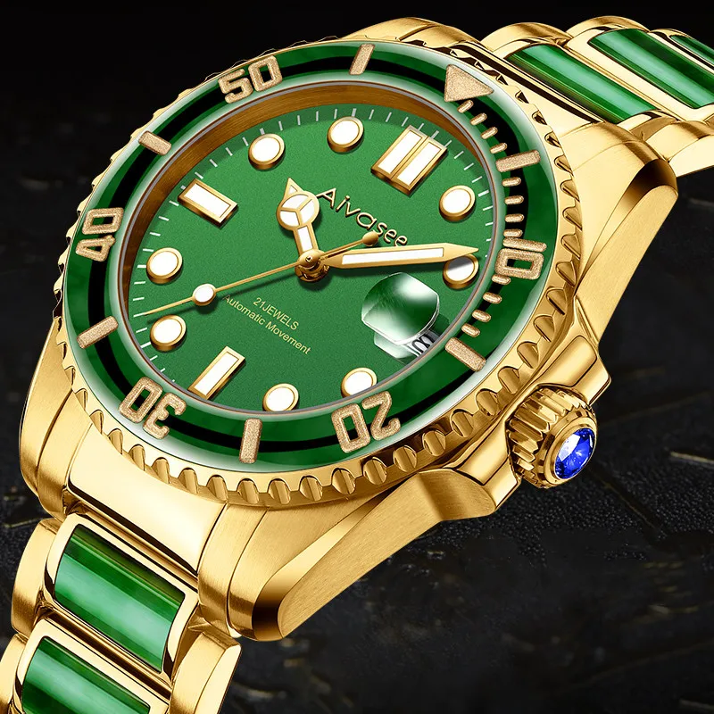 

New Water Ghost Hetian Biyu Automatic Mechanical Men's Watch Calendar Luminous Waterproof Business Men Jade Watch Sapphire Clock