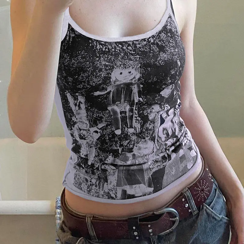 Женский короткий жилет с графическим принтом готический облегающий топ лямкой