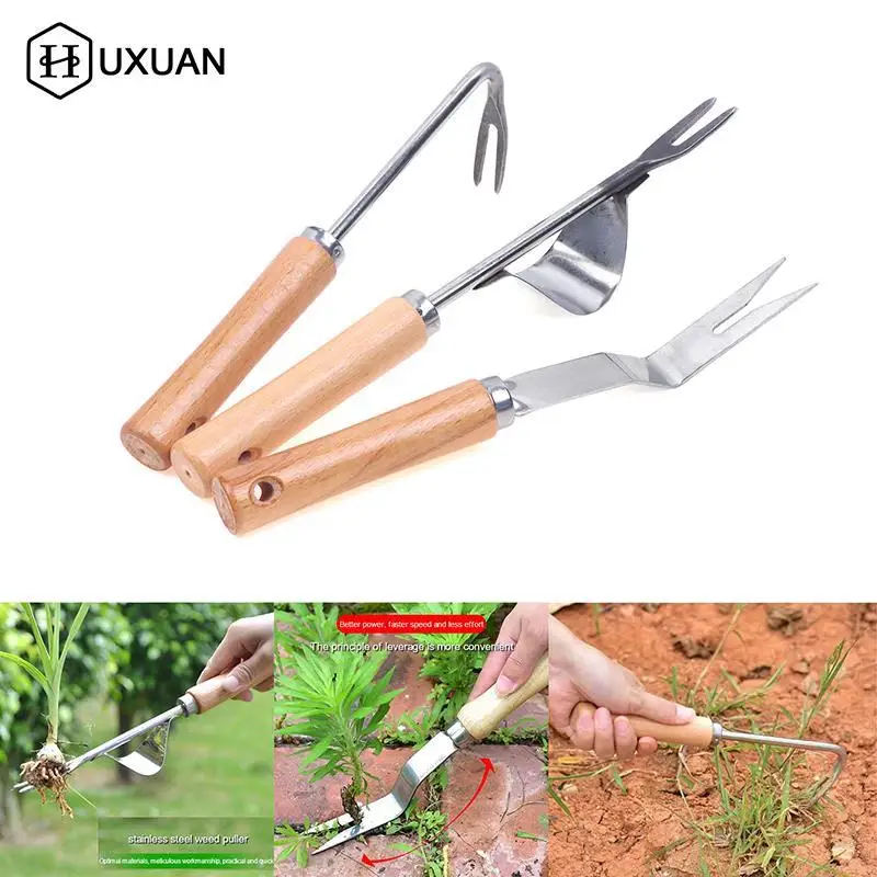

3 Types Wood Handle Stainless Steel Garden Weeder Hand Weeding Removal Cutter Puller Tools Multifunction Weeder Transplant