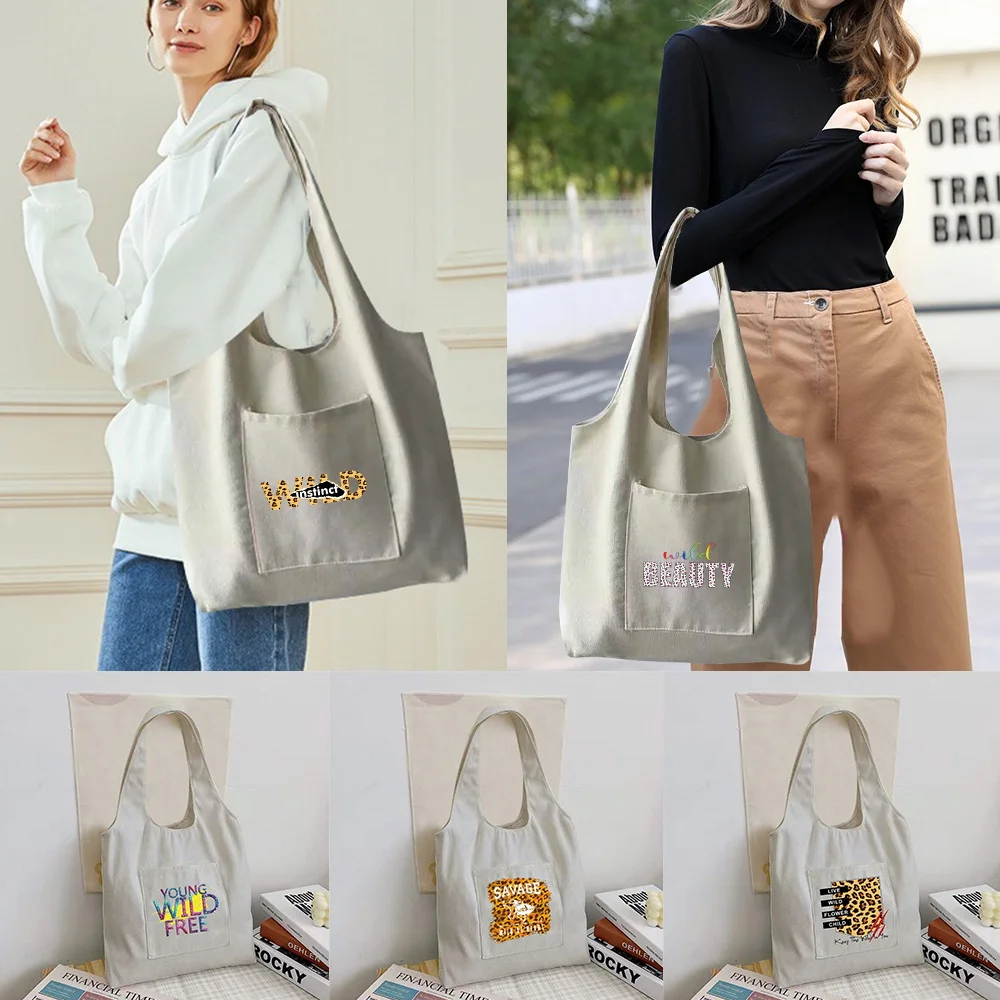 

Shopping Bag Foldable Fashion Student Canvas Shoulder Bag Wild Printed Ladies Shopper Bag Travel Tote Work Handbag Organizer