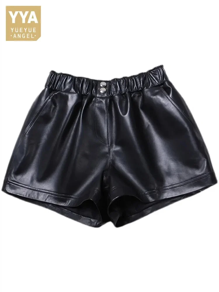 

Шорты женские из натуральной овечьей кожи, повседневные широкие расклешенные штаны с эластичным поясом, уличная одежда с карманами, короткие брюки с завышенной талией