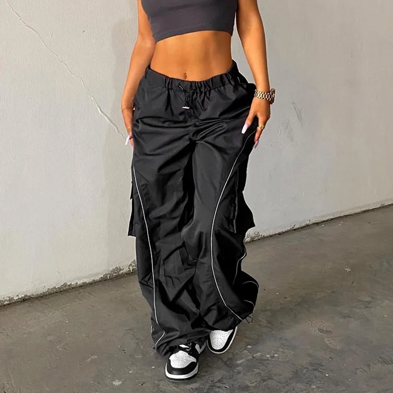 Summer New Spice Girl Sports Fashion Elastic Band High Waist Multi Pocket Loose Casual Pants White Black Tide Europe America