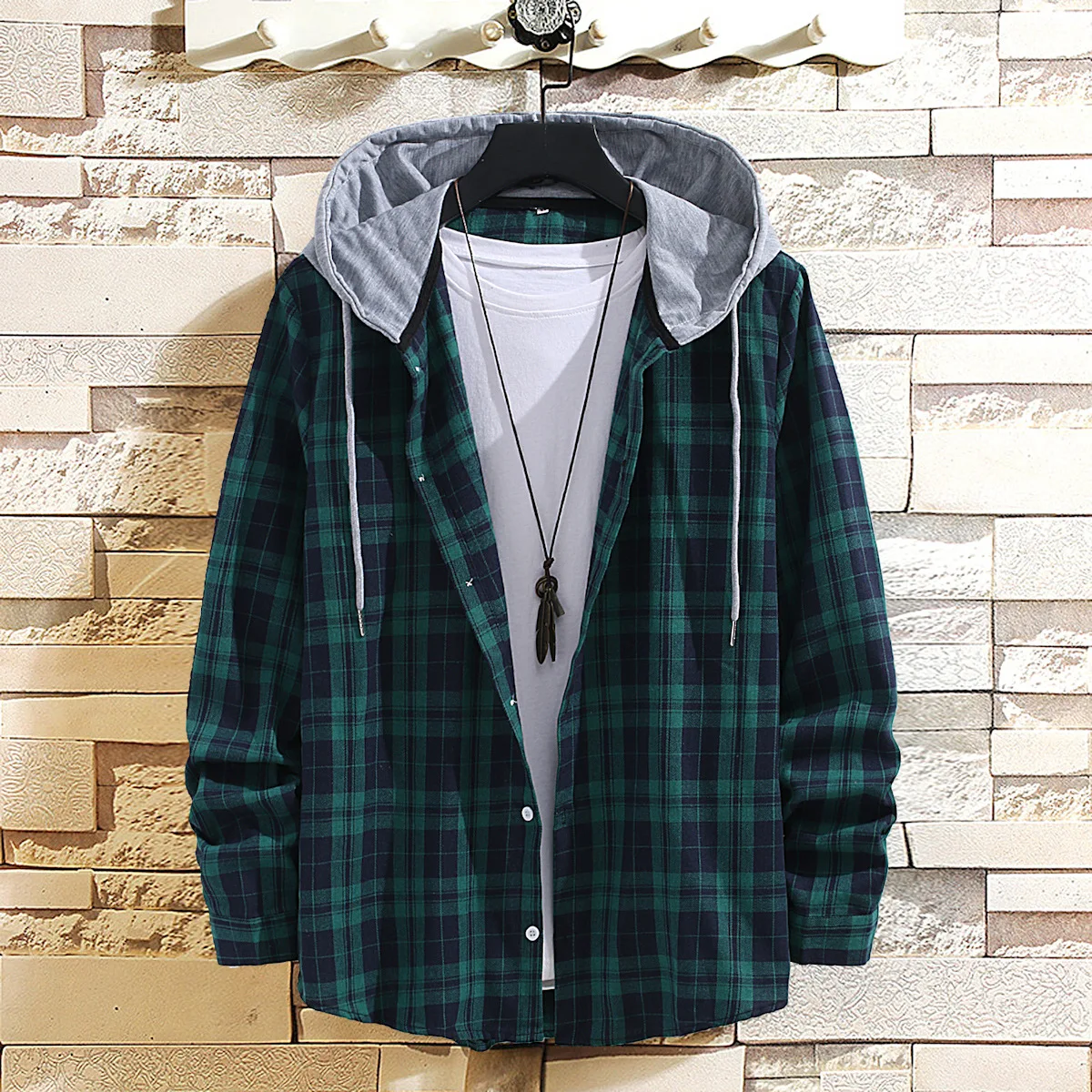 

New Korean Casual Loose High Quality Hip Hop Jacket Streetwear Printed Hoodie Jacket Men's Plaid Hooded Long Sleeve Jacket