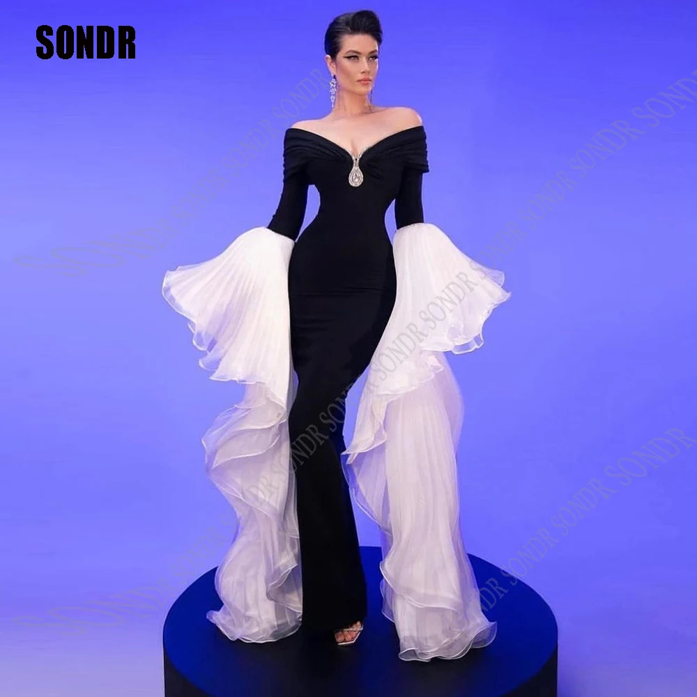 

SONDR Black/White Long Evening Dresses for WomenCrystals Stretch Satin Prom Gowns Full Sleeves Off Shoulder Vestidos De Fiesta