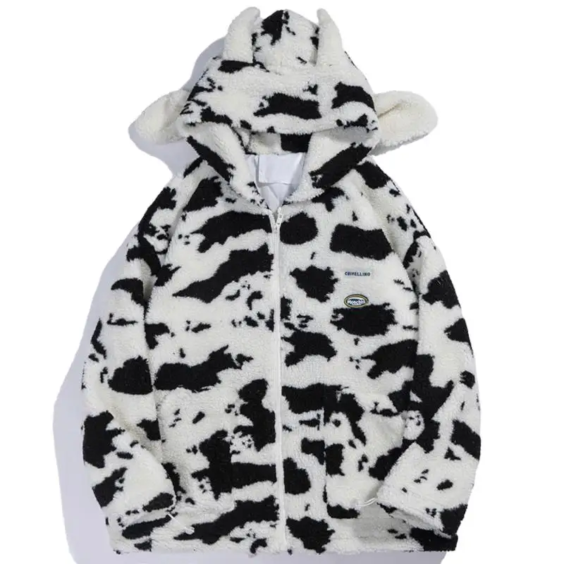 

Cow Zip Up Coat Jacket Men Women Kawaii Hoodie 2021 Winter Oversize Streetwear Casual Top Wool Cosplay Fashion Clothes