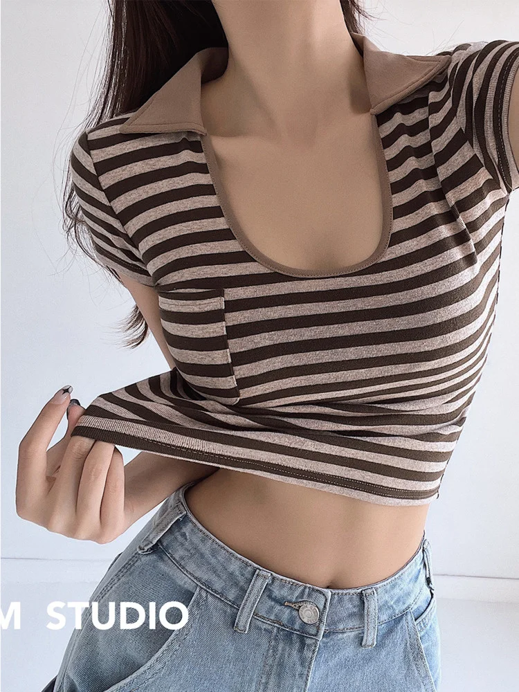 

Retro Striped Lapel Short-sleeved Sweet T-shirt Contrast Color Stitching Chest Pocket Design Trend Women's Clothing 3VJB