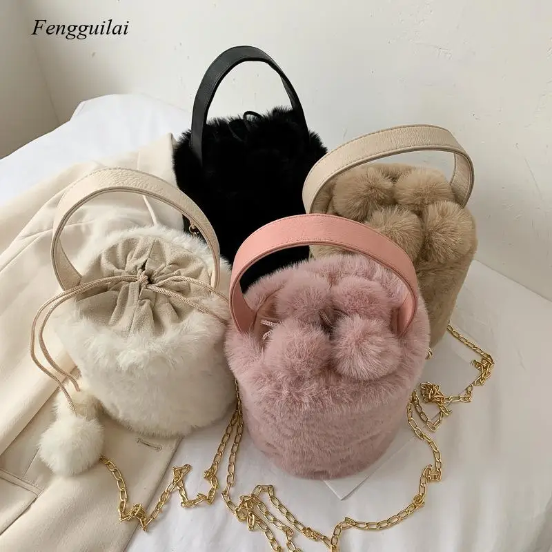 Kawaii Cute Furry Bucket Bag 2022 New Trend Chain Small Bag Texture Furball Handbag Shoulder Bag Women
