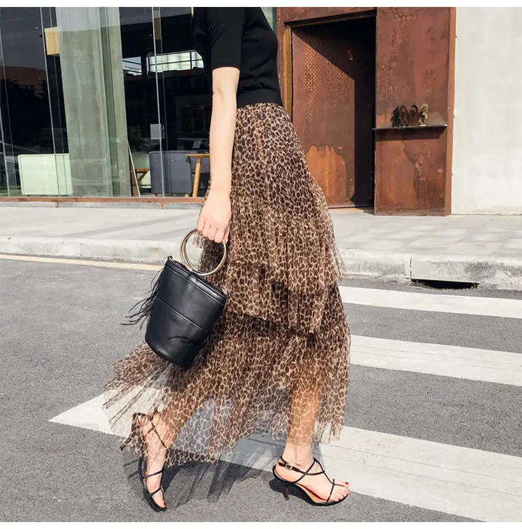 Женская длинная юбка с леопардовым принтом повседневная сетчатая Макси-юбка