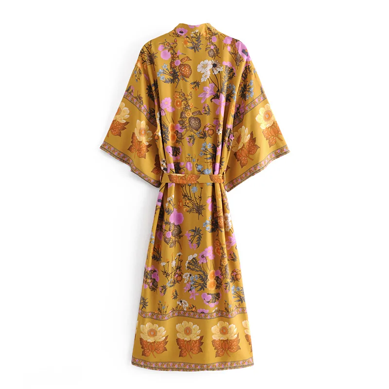 Женское пляжное кимоно с цветочным принтом V-образным вырезом и рукавом летучая