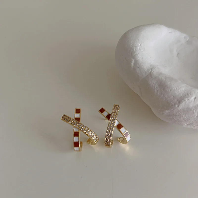 

Minar Creative Contrast Color Enamel Plaid Crossed Earring for Women 18K Gold Bling CZ Zircon Geometrical Stud Earrings Jewelry