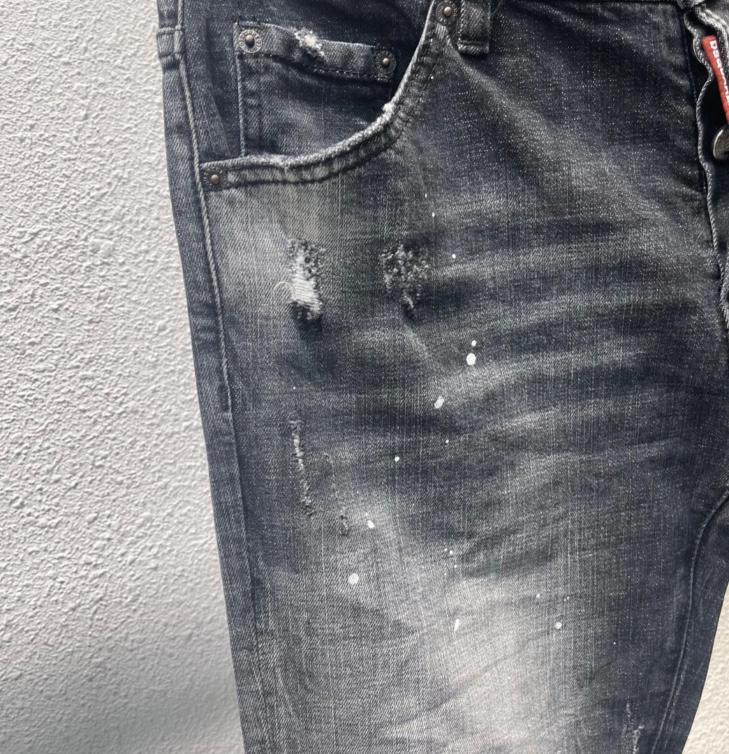 2023 Spring/Summer New D2 Jeans Fashionable Men's Fashion Slim Fit Print Graffiti Scratched Patches Small Feet Pants Men