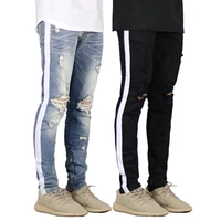 22ss fashion streetwear jeans for men white striped mid waist jeans big ripped stretch slim jeans men right angle pencil pants