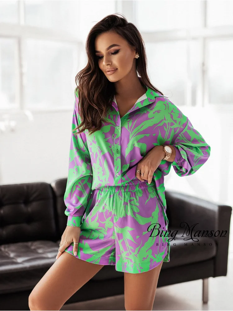 2023 Summer Women's Casual Loose Shirt Shorts Set Shirt Shorts Two Piece Printed Solid Color Fashion Piece Street Clothing