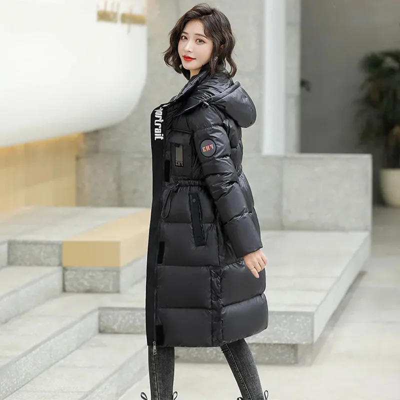 Bright Face Down Jacket Women's 2022 New Mid-Length Hooded Fashion Parkas Pull Rope Waist Thick Warm White Duck Down Coat Female
