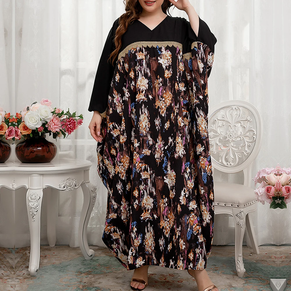 

Plus Size Women Dress Long-Sleeve Retro Vintage Elegant Evening Party Dress Print Doll Sleeves Loose Holiday Dress One Size