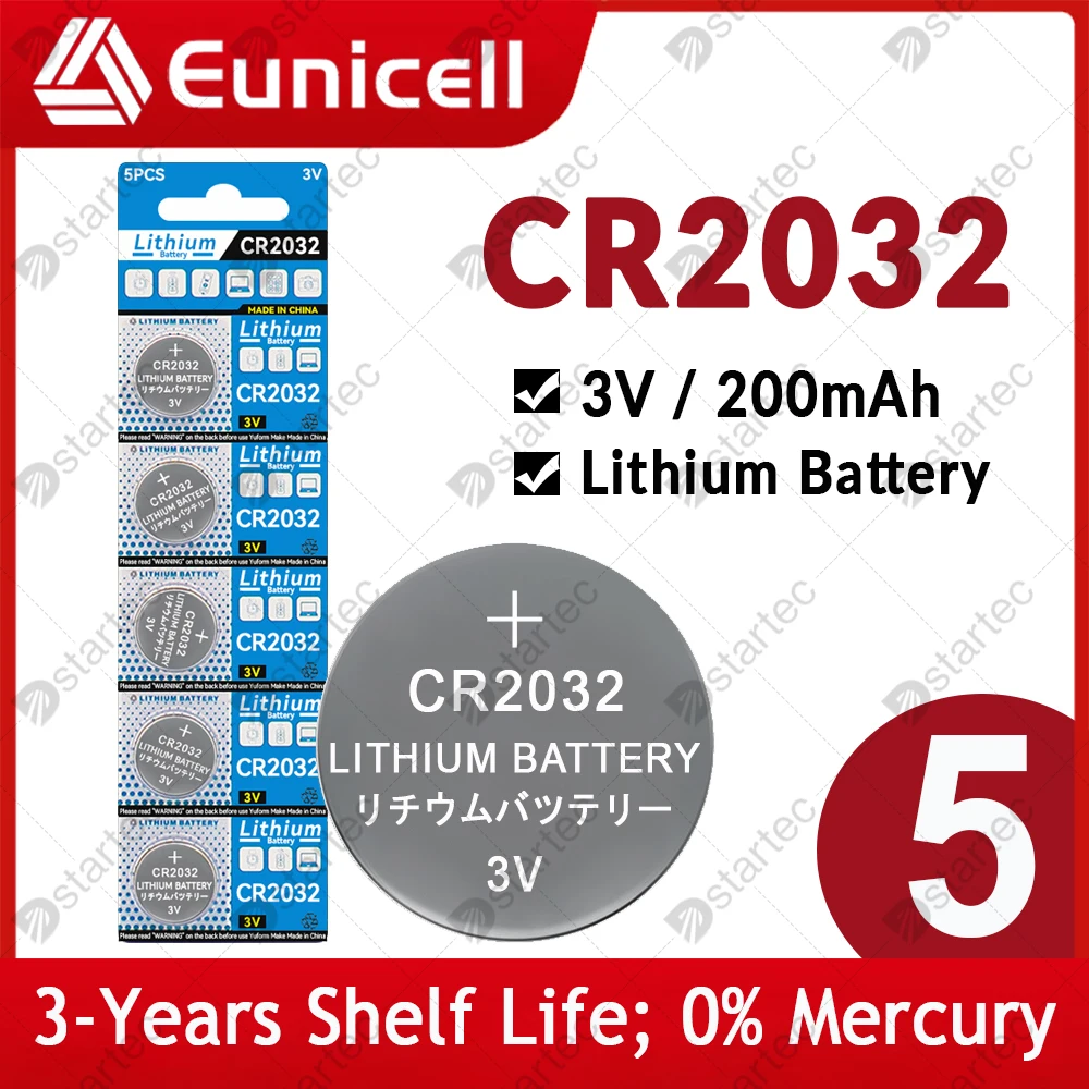 DStartec 5PCS CR2032 3V Lithium Coin Battery, 200mAh Button Batteries for Watch, Remote, 5004LC DL2032 CR 2032 3 Volt Coin Cell