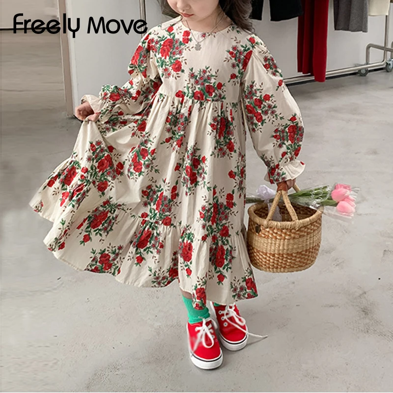 

Freely Move Pastoralism Style Kids Dresses Spring For Toddler Girls Long Ruffles Sleeve Flower Floral Print Cotton Clothe Dress