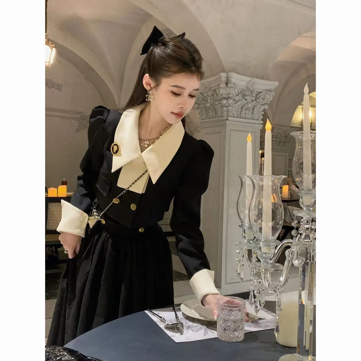 

Women'S Long Skirt Two-Piece Suit Color Contrast Splicing Suit Coat High Waist Skirt Korea Japan