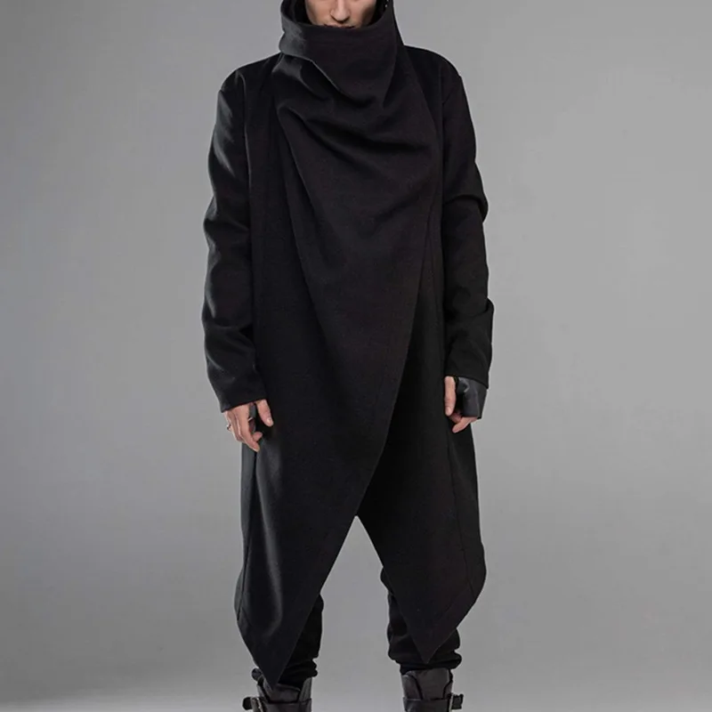 

Men Cloak Coats Streetwear Turtleneck Solid Long Sleeve Fashion Men Cape Outerwear Punk Style Irregular Jackets S-5XL