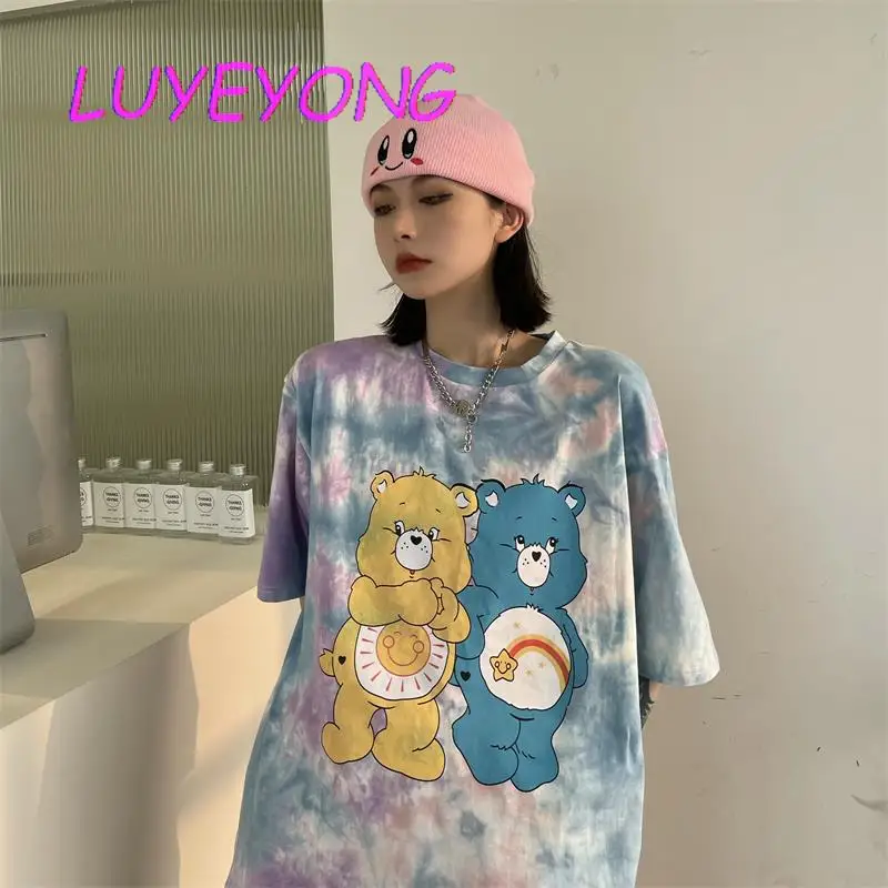 

Japanese Lovely Street T Shirt Y2k Style Lady Harajuku Tie Dye Short Sleeve T-shirt Female Lovely Cartoon Bear Print Cotton Top