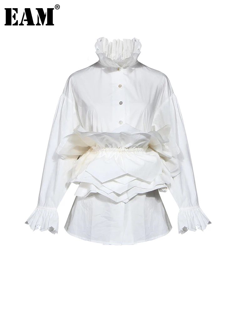 

[EAM] Women White Ruffles Split Blouse New Stand Collar Long Sleeve Loose Fit Shirt Fashion Tide Spring Autumn 2023 1N882