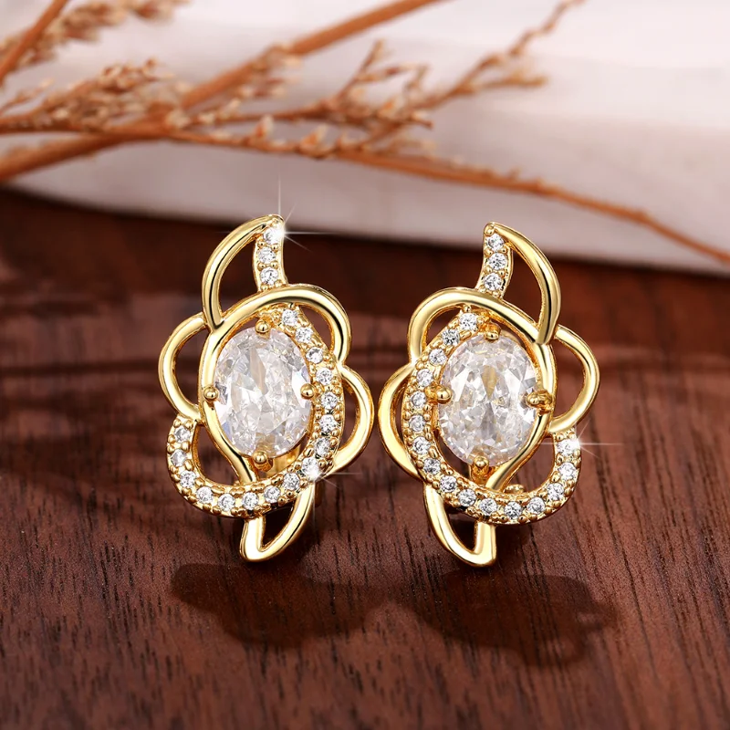 

Luxury Bridal Wedding Earrings Gold Color Inlaid Brilliant Crystal Cubic Zirconia Temperament Elegant Women's Ear Jewelry