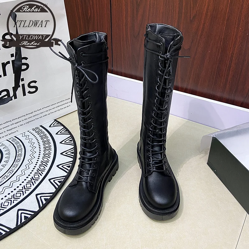 

2023 New Winter Long Boot Shoes Women White Lace Up Zip Height Increasing Pu Leather Shoes Plush Botas Mujer Winter Boots