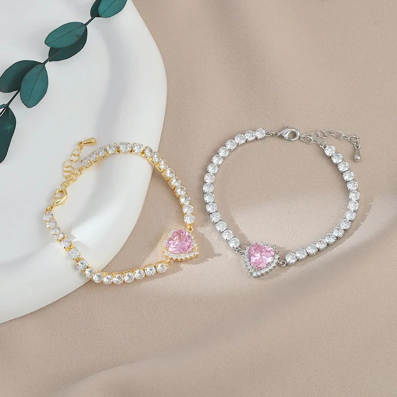 

Classic Fashion Pink Zircon Heart Bracelet Women Luxury New Charm Bracelet Bridal Wedding Jewelry Accessories Anniversary Gift