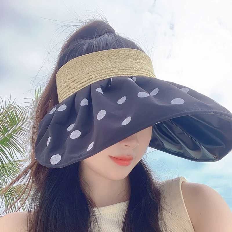 

1x Summer UV Protection Shell Sunshade Hat For Women Polka Dots Foldable Wide Brim Bucket Caps Outdoor Beach Sunscreen Shell Hat