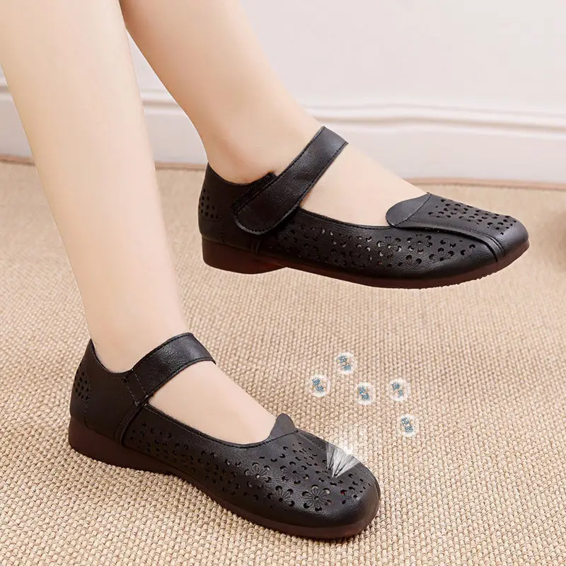 Soft Leather Mom Mary Jane Shoes Non-slip Plus size 41 Breathable Cut-outs Loafers Women's Square Toe Balleria Shoes 2023 New