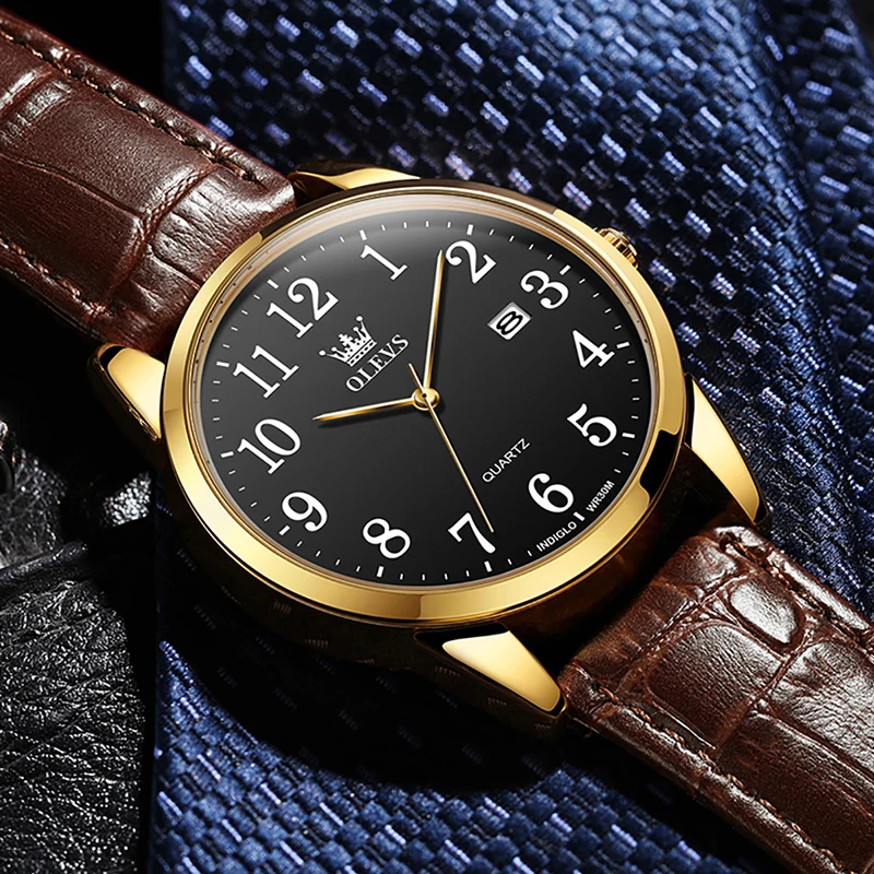 OLEVS Fashion Brown Waterproof Leather Watch Calendar Casual Simple Dial Couple Watches Quartz Watch 2022 New Couple Watch 5566