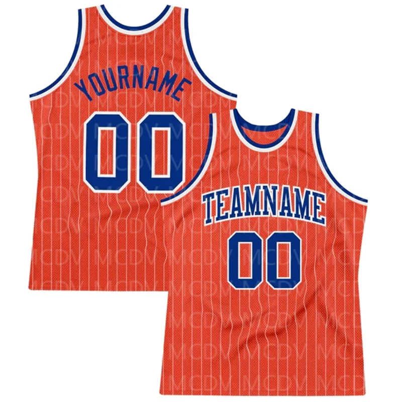 

Custom Orange White Pinstripe Royal Authentic Basketball Jersey 3D Print Team Name Number Vest Game Practice Clothes Adult/Youth