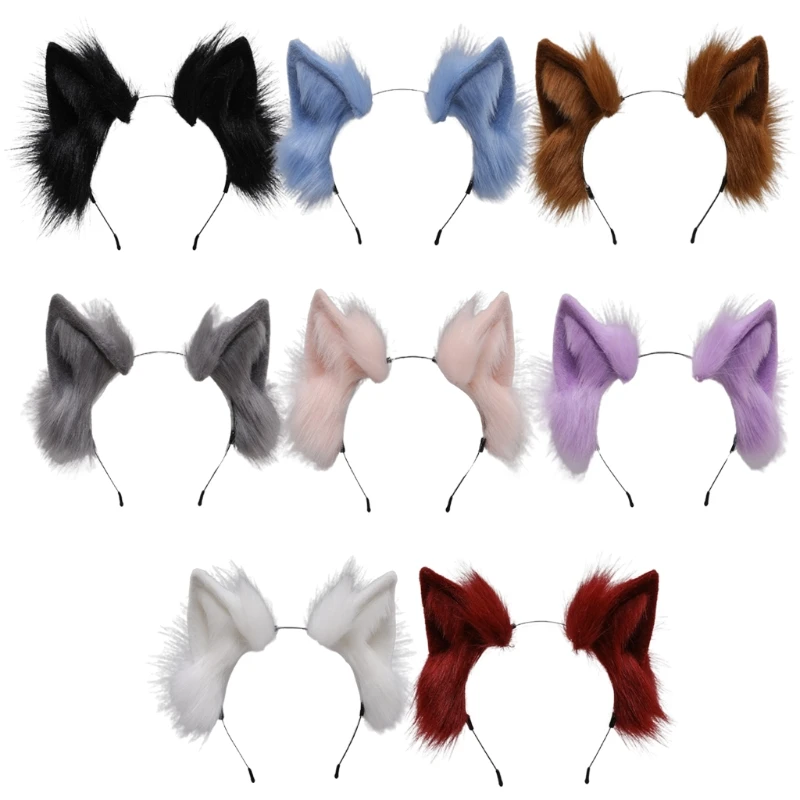 

L93F Handmade for Cat Faux Fur Ears Headband Solid Color Plush Animal Hair Hoop Anime Fancy Dress Party Cosplay Costum