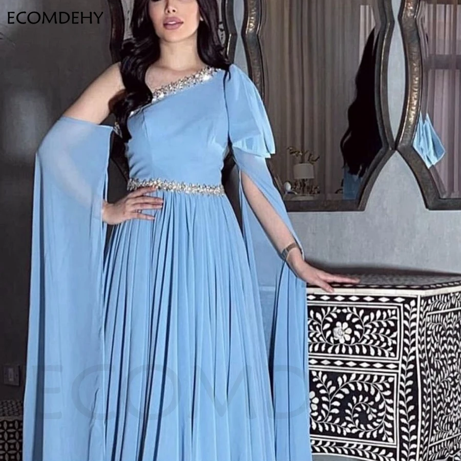 

New Arrival Chiffon Sky Blue Evening dresses Long Party dress Abendkleider 2023 Crystals Beaded Dubai Evening gowns Robe soiree