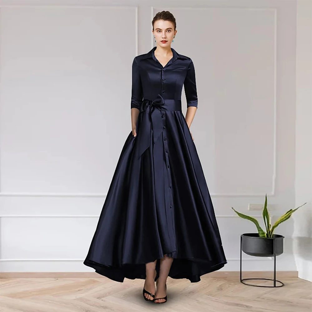 

Asymmetrical Mother of the Bride Dress A Line V Neck Half Sleeves Charming Wedding Party Gown Pocket Ankle Length High Low Dress