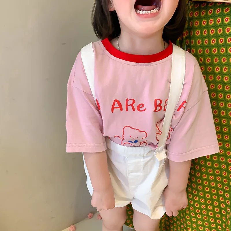 2022 New Summer Children Short Sleeve T Shirt Cotton Boys Bear Print T Shirts Fashion Girls Cartoon Tee Cotton Kids Tops Clothes