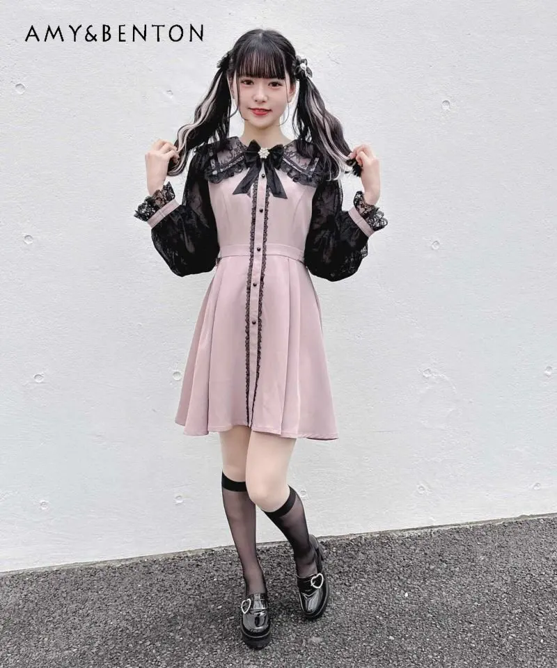 

Japanese Lolita Preppy Style Dress for Girls Long Sleeve High Waist Spring Lace Bow Dress Women's Sweet Rojita Dress