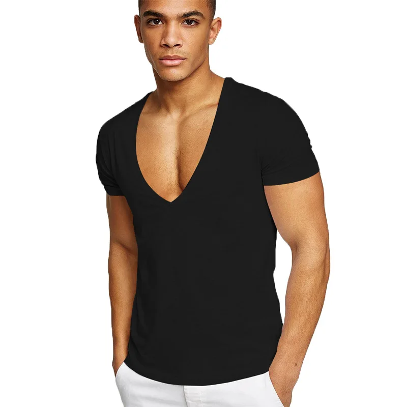 

Summer Sexy Deep V-Neck Men's T Shirt Low Cut Vneck Wide Vee Tee Male Tshirt Short Sleeve Causal Solid Tops Invisible Undershirt