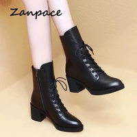 zanpace platform heels women boots winter plus velvet mid tube women shoes fashion pointed toe winter women ankle boots