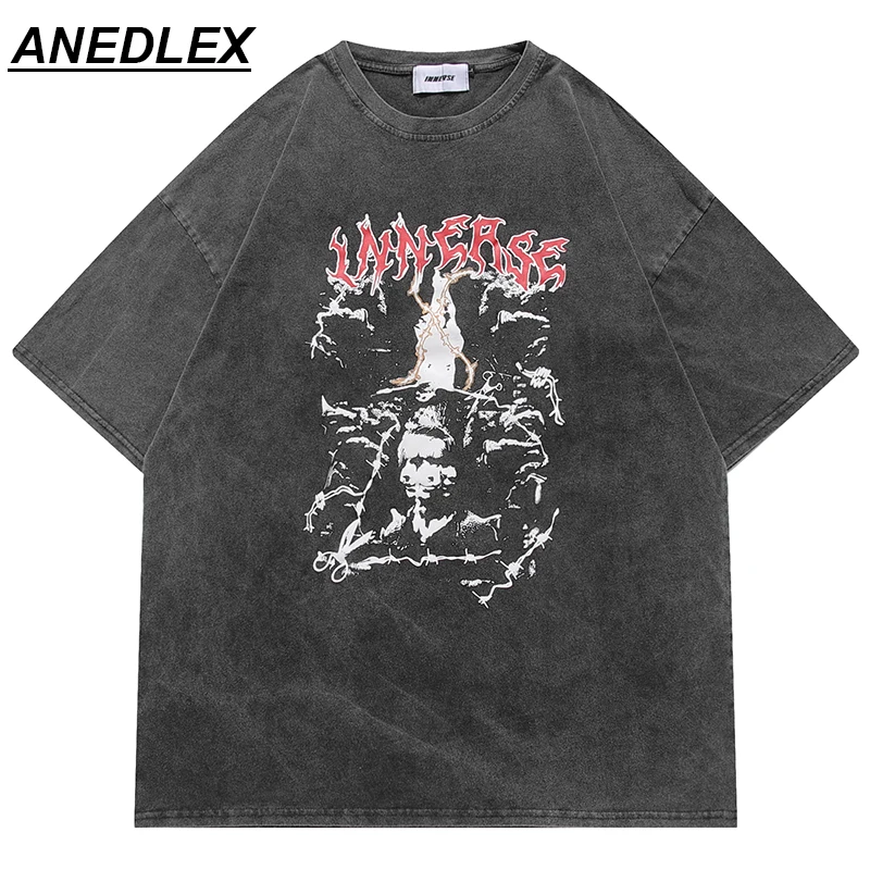 

2022 Men Washed Oversized T-Shirt Hip Hop Streetwear Lightning Letter Printed T Shirt Harajuku Cotton Tshirt Summer Gothic Tees