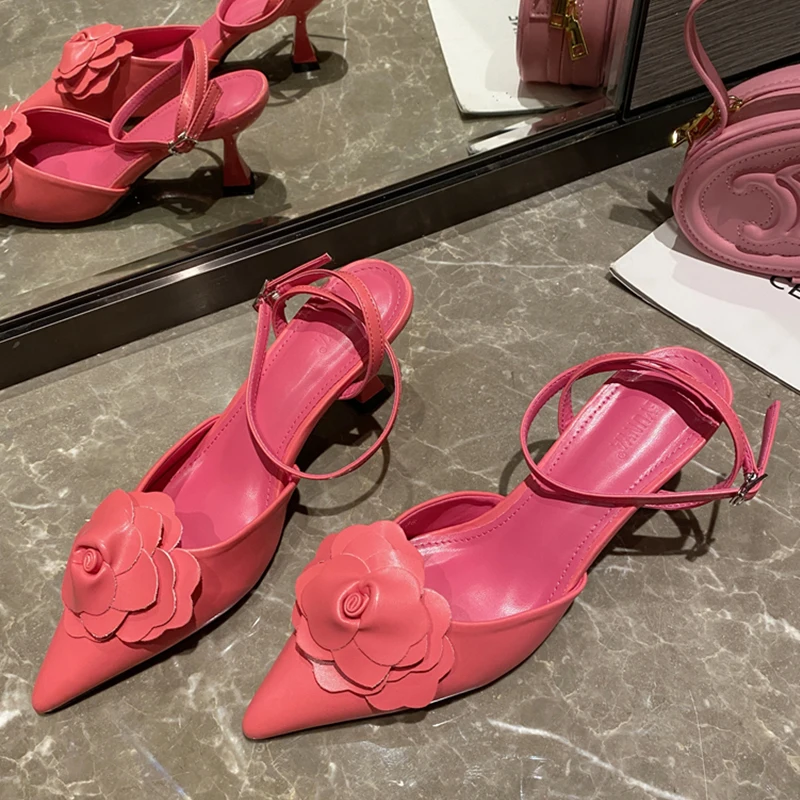 

2022 Summer Women Pumps Ladies Sandals Blue Pointed Toe Sexy Flowers Korean Style Shoes For Female Solid Slides Thin High Heels