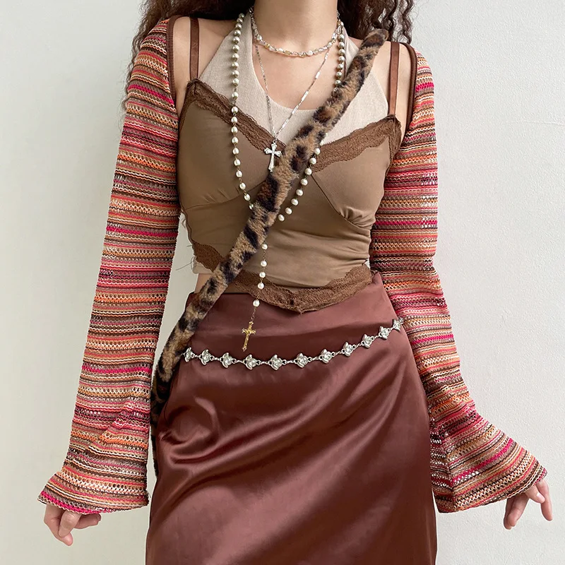 

Ladies Summer Sun Protection Shawl Women Colorful Stripes Flare Long Sleeve Knitted Hollow Short Tops Beach Cover-Up Streetwear