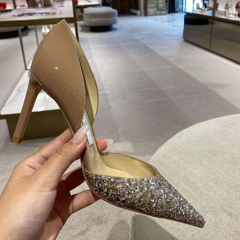 

Pointed Toe Heeled Sandals Nude Sequin Patchwork Stiletto Women's Shoes Wedding Shoes Toe Single Shoes