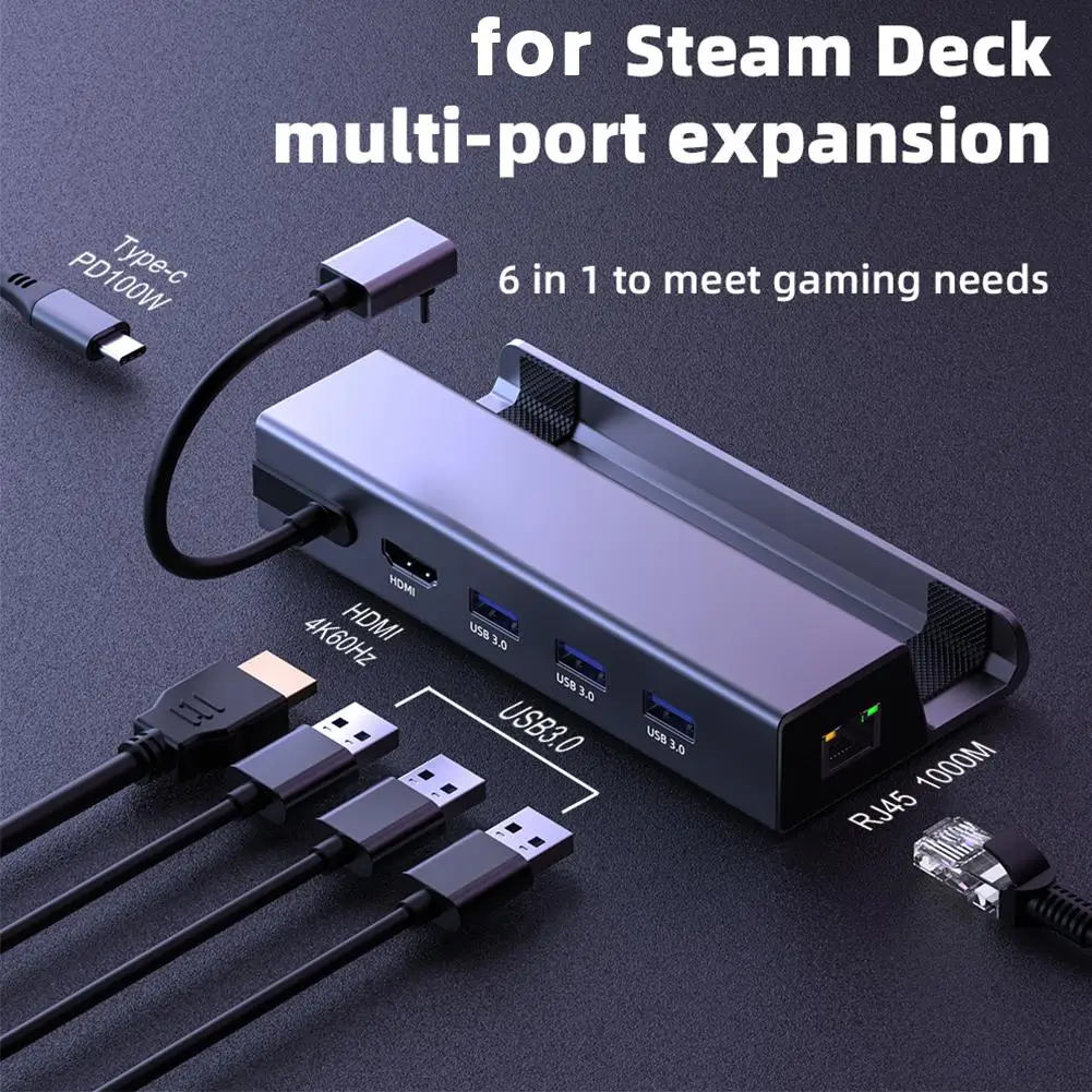 

6 In 1 Charging Station Steam Deck Docking Station Hub HDMI 10M/100M/1000M Hub PD 4K@60Hz 1000Mbps 60W 3*USB Adaptive Ether U6I6