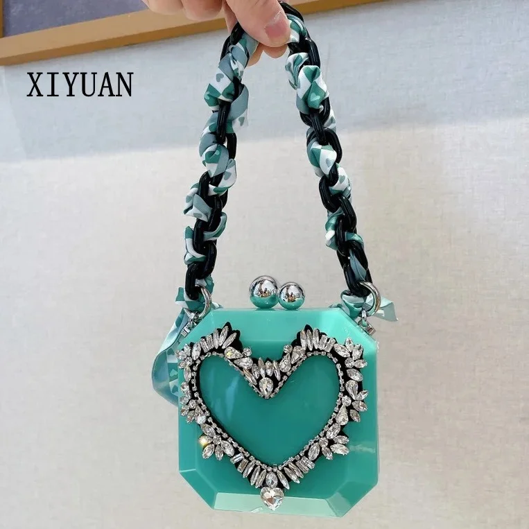 

Female Love Diamond Evening Purses Acrylic Green/Blue/Orange/Pink Stone Clutch Purse For Weddding Party Handbag Lady Tote
