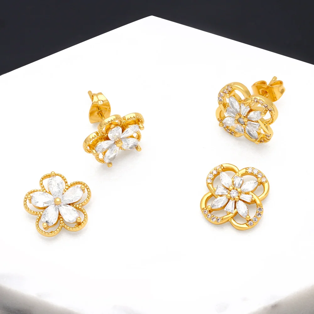 

FLOLA Tiny Clear Crystal Daisy Flower Ear Studs for Women Girls Copper Zircon Clover Stud Earrings Gold Plated Jewelry ersa227