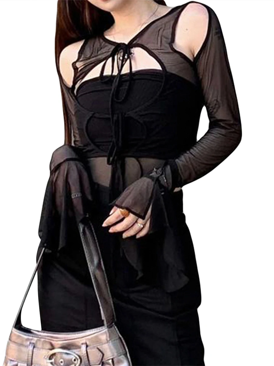 

Women s Gothic Sheer Crop Tops Stylish Aesthetic Printed Grunge Blouse Tees with Long Sleeve Mesh Embracing Harajuku Vibes